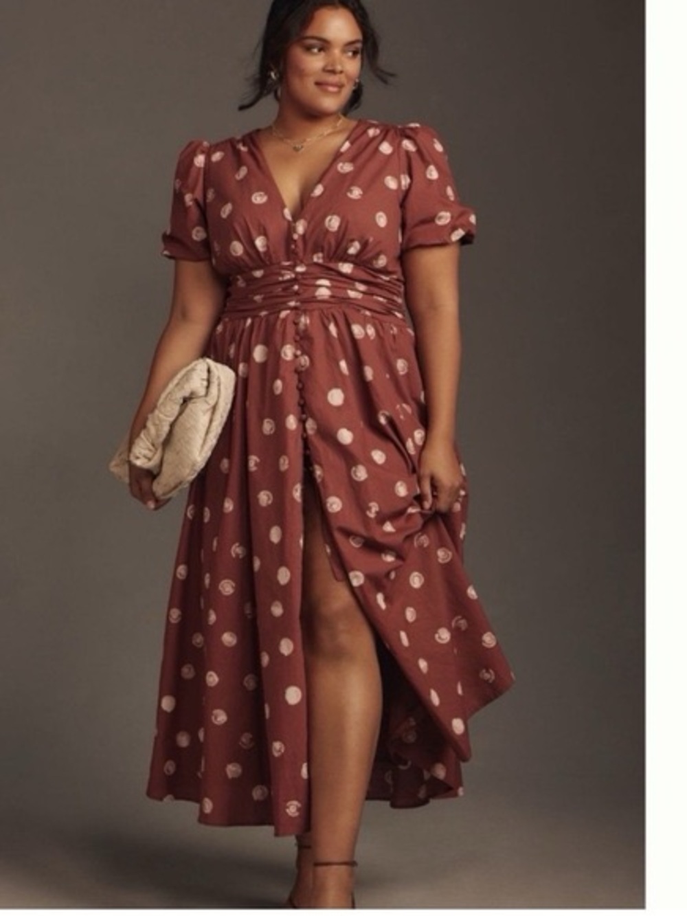 Anthropologie katerina Polka Dot Wrap Midi Dress in Rust